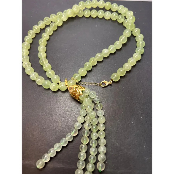 Prehnite beaded necklace with tassel enhancer and gold over sterling silver - Picture 7 of 10